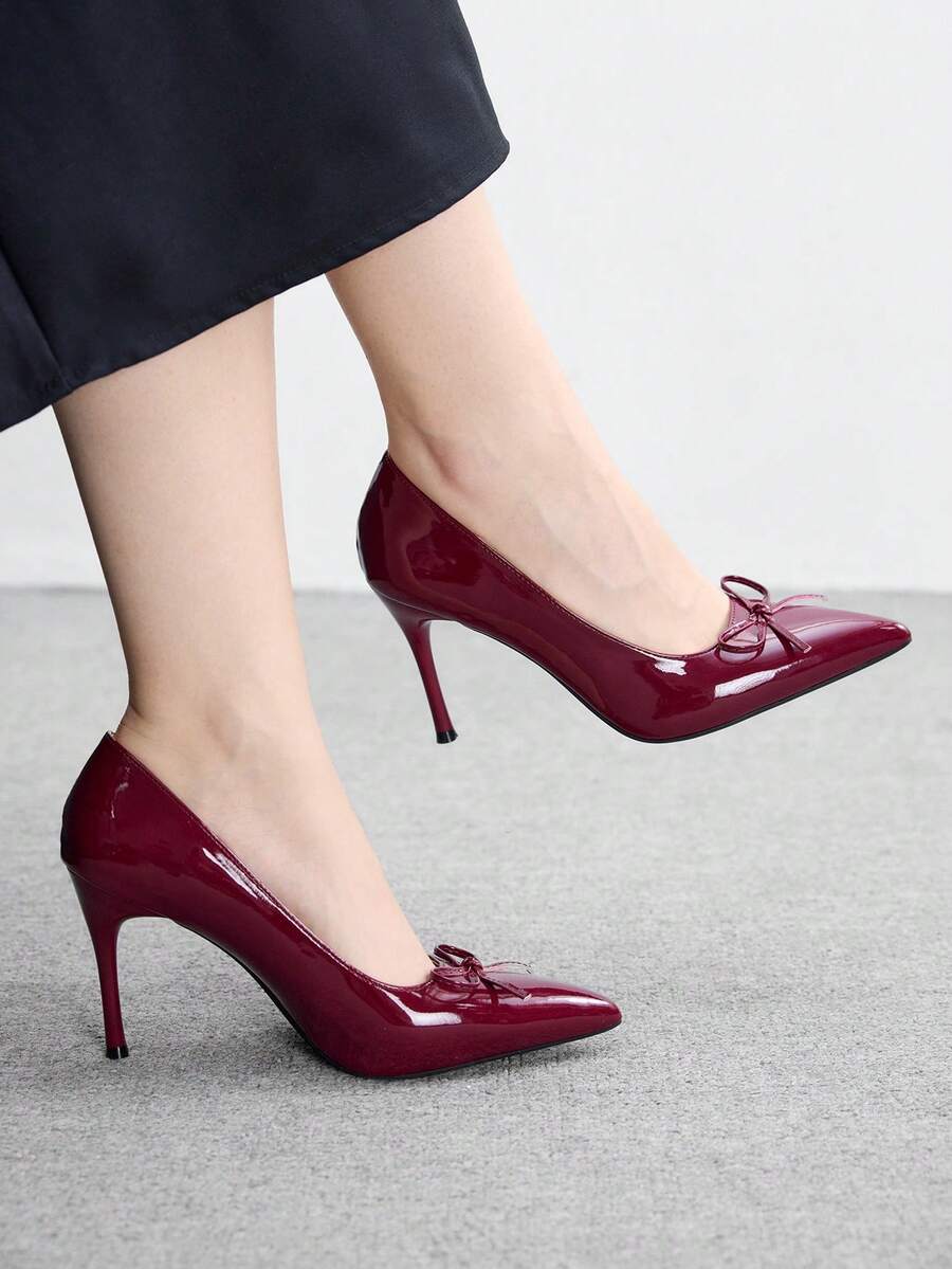 CUCCOO BIZCHIC 女鞋新款尖头细高跟酒红色法式蝴蝶结通勤简约日常上班购物女鞋高跟鞋 - 酒紅色 - 查看 1