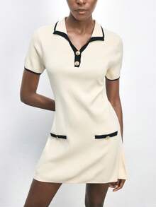 Maija Vestido de punto ajustado con cuello en V de contraste negro y blanco, estilo urbano - Blanco y Negro - Ver 1