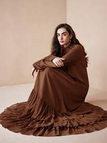 Arave Vestido largo de gasa holgado y elegante para mujer con cuello alto y dobladillo con volantes en capas, adecuado para citas - Óxido marrón - Ver 7