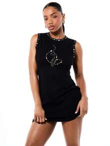 BABYPHAT Vestido mini negro de mujer con cuello redondo, sin mangas, ajustado al Body, con aplicaciones de pedrería y strass para fiesta, cóctel y noche - Negro - Ver 1