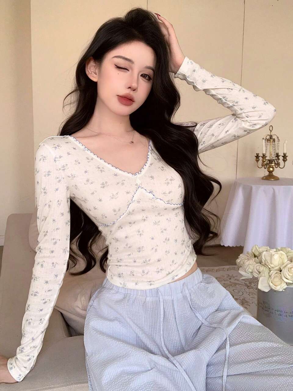 White And Blue Floral,Autumn,Casual,Party Elegant Ladies Blouse,Lace Patchwork Backless Bow Decor Cropped Top,Sheer Mesh Long Sleeve Slim Fit Shirt