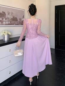 DAZY Spring&Summer Lavender Pink Lace Dress,Elegant Wedding Party,Autumn Banquet Fashion Event,Slim Fit Sheer Mesh Patchwork Full Skirt Long Dress Women - Purple - View 3