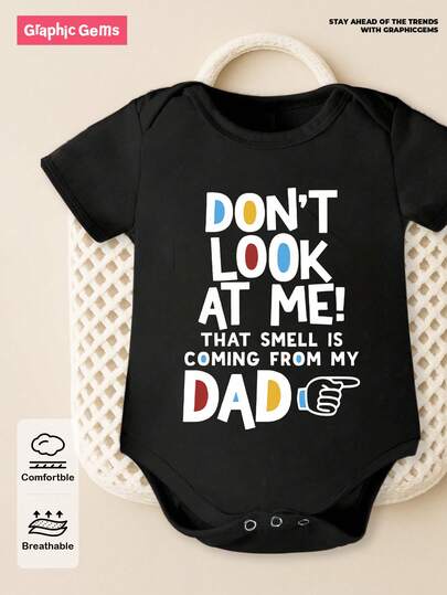 SHEIN GraphicGems Baby Boys' Casual Fashionable Creative Personalized Refreshing Simple Cute Kawaii Cartoon Finger Design Colorful Letter Slogan Graphic Print Comfortable Basic Crew Neck Short Sleeve Bodysuit, Cozy Summer Styles Suitable For Baby Boys' Daily Wear