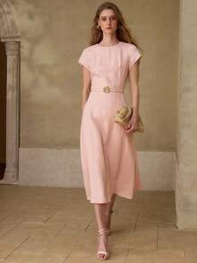MOTF PREMIUM WOMEN'S 100% LINEN ROUND NECK SHORT SLEEVE MIDI CASUAL/DATE DRESS, SPRING/SUMMER - Pink - View 7