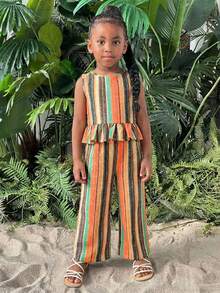 Young Girl Vacation Casual Fashion Halter Sleeveless Top And Straight Leg Pants Set - Coral Orange - View 4