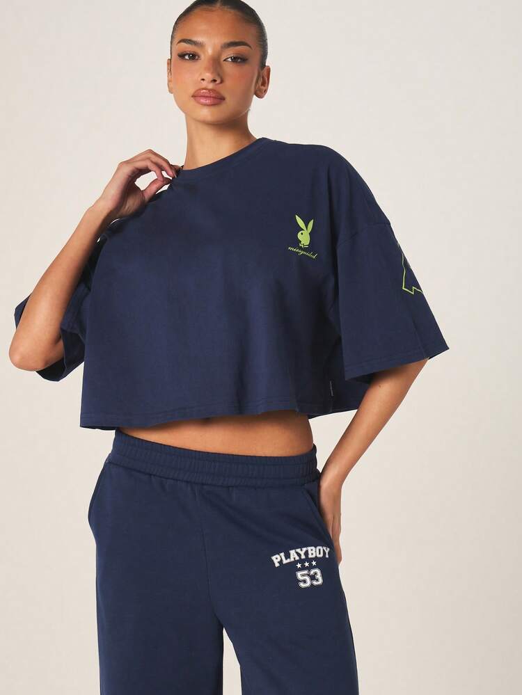 Missguided x Playboy Women's Navy Blue Oversized Graphic Tee With Large Back Print And Small Front Logo Short Sleeve Crop Top
