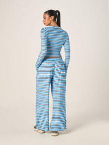 Missguided x Playboy 条纹长袖露脐上衣阔腿裤两件套搭配服装秋冬休闲家居服 - 彩色 - 查看 2