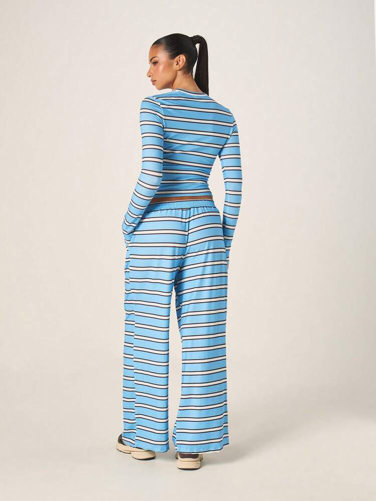 Missguided x Playboy Striped Long Sleeve Crop Top Wide Leg Palazzo Pants Two Piece Co Ord Set Matching Outfit Fall Winter Casual Loungewear