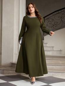 ZEYLAH Beaded Decor Fitted Long Sleeve Dress Fall - Olive Green - View 1