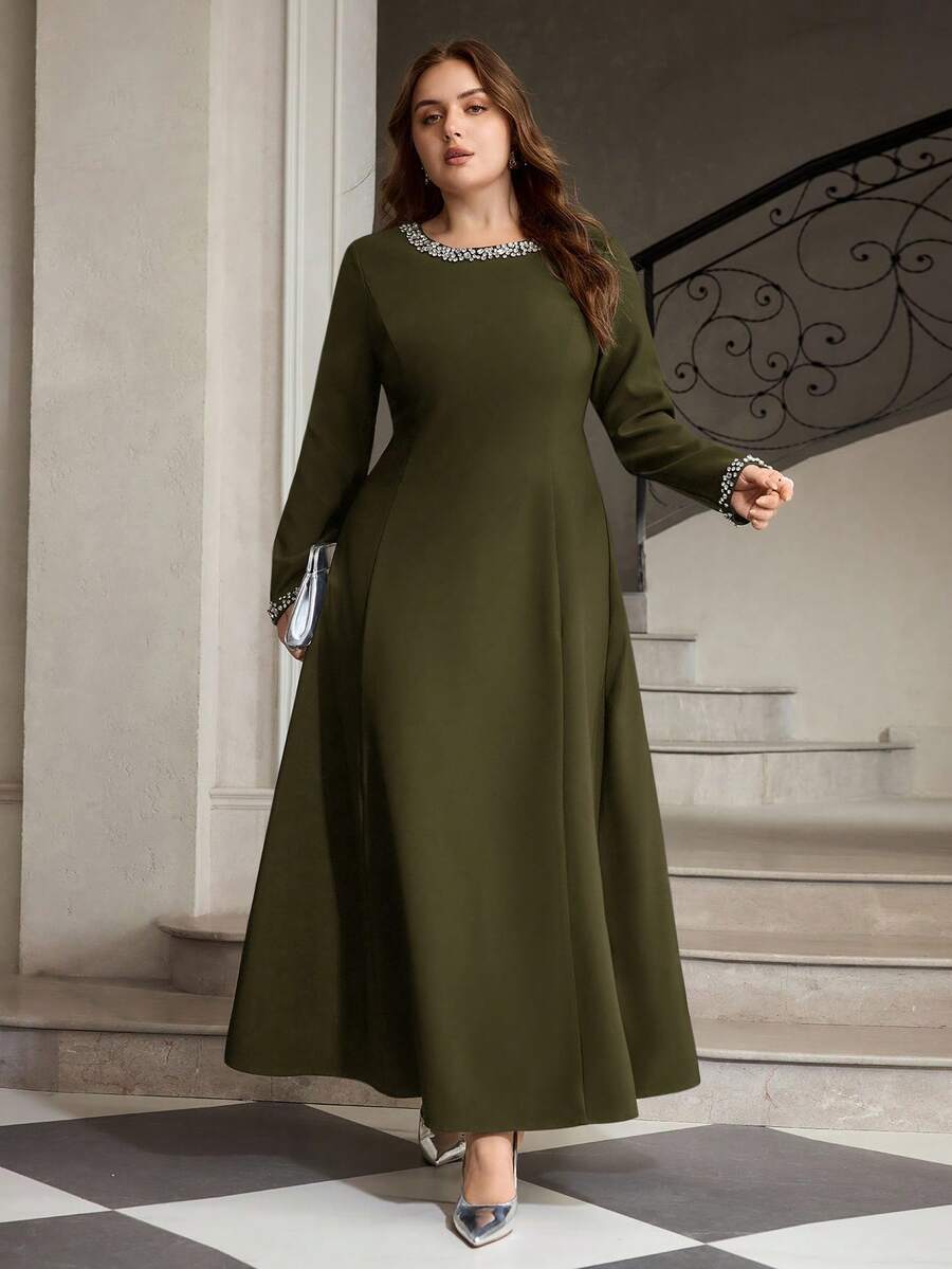 ZEYLAH Beaded Decor Fitted Long Sleeve Dress Fall - Olive Green - View 1