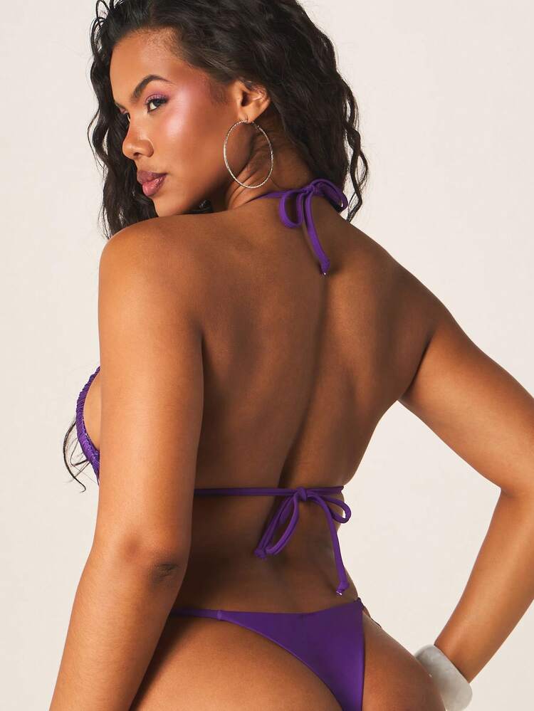 MISSGUIDED Women's Fringe Bikini Top Halter Neck Spaghetti Strap Swimwear Summer Beach Vacation Purple String Wrap Style Triangle Top