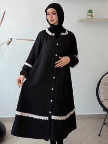 DAZY Contrast Color Ruffle Patchwork Polka Dot Lantern Sleeve Loose Women Nightgown - Black - View 4