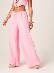 MISSGUIDED Women's High Waisted Wide Leg Linen Feel Palazzo Trousers Pink Drawstring Summer Vacation Beach Casual Pants Flowy Relaxed Fit Bottoms - Pink - View 5