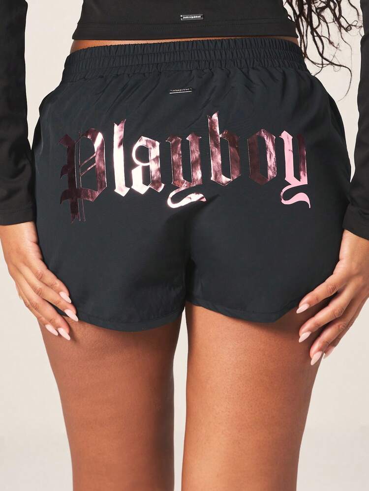 Missguided x Playboy Metallic Print Runner Shorts High Rise Athletic Training Shorts With Gothic Text Design For Active Fitness Gym Running Sports