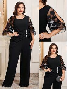 Reflora Jumpsuit Ukuran Besar Elegan Berwarna Hitam dan Perak dengan Hiasan Berlian Imitasi untuk Pesta Musim Gugur, Acara Malam Pernikahan, dan Kostum Karnaval - Hitam - View 4