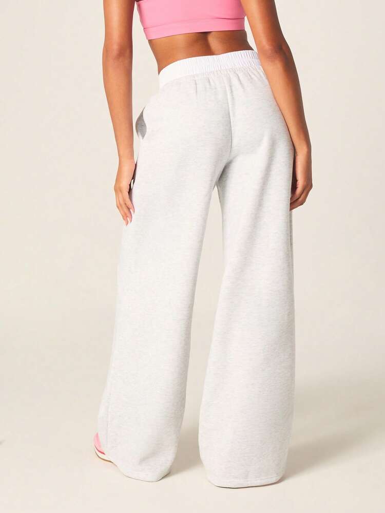 MISSGUIDED Women's High Waisted Light Grey Double Waistband Wide Leg Joggers Sweatpants For Casual Comfort And Loungewear