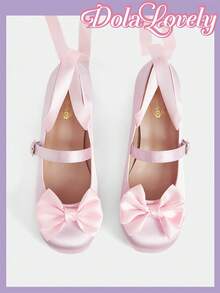 Dola Lovely 洛丽塔风格缎面踝带高跟鞋，方头蝴蝶结装饰玛丽珍鞋，柔美公主风套装 - 粉色 - 查看 5