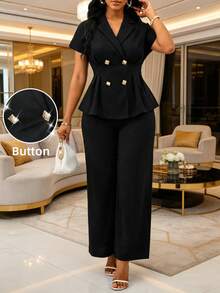 SHEIN Lady 女士纯色翻领双排扣短袖上衣和阔腿裤优雅两件套 - 黑色 - 查看 1