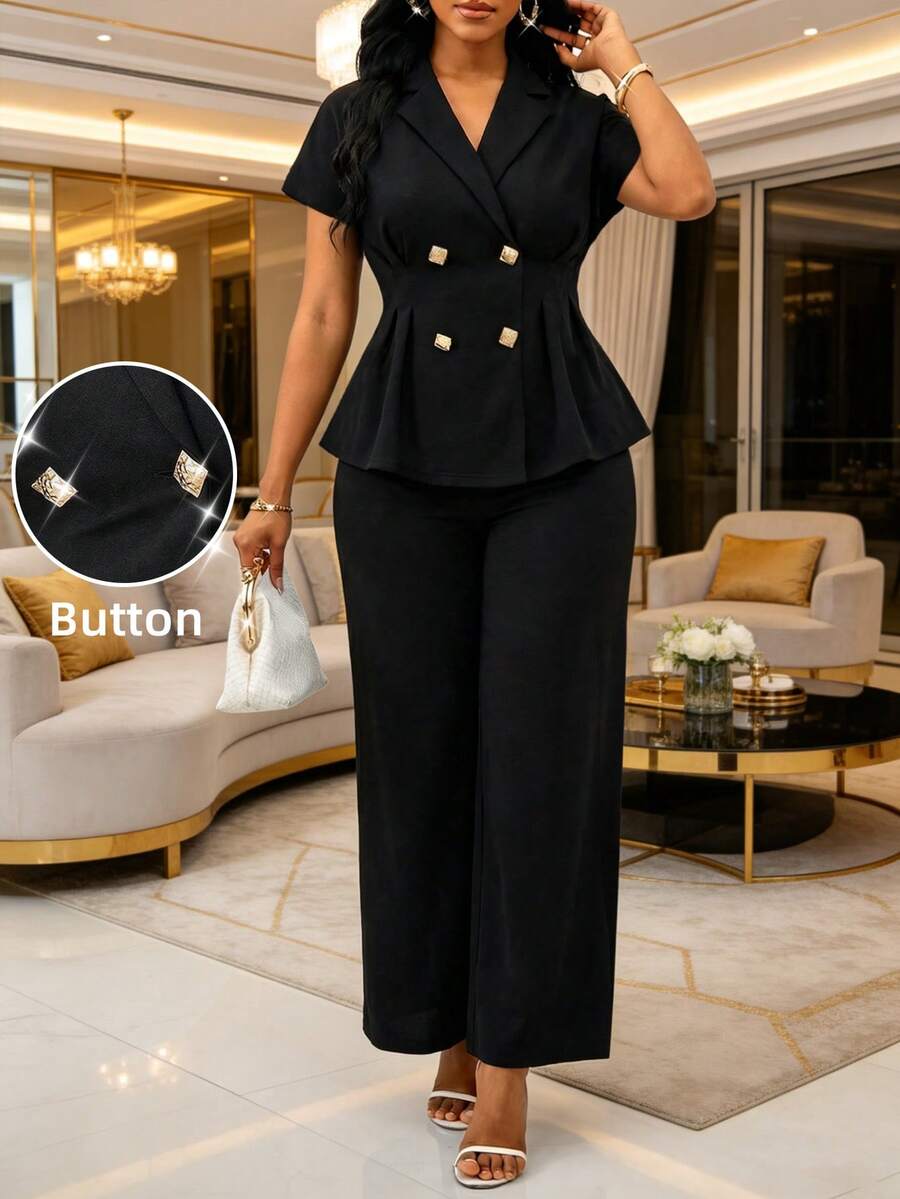 SHEIN Lady 女士纯色翻领双排扣短袖上衣和阔腿裤优雅两件套 - 黑色 - 查看 1