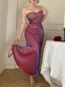 DAZY 女士优雅亮片抹胸上衣和半裙两件套，夏季 - 紫色 - 查看 10