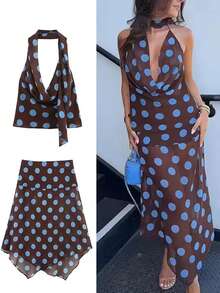 Siren Gaze 2026 Summer New Polka Dot Print Top Paired With A Scarf And Camisole Is Perfect For A Beach Vacation, Showcasing Feminine Charm. - Brown - View 9