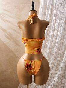 Bellisia Women's Summer Beach Floral Print Frill Trim Halter Tankini Swimsuit Set - Multicolor - View 2