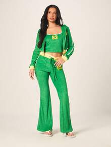 Missguided x Playboy 女士绿色毛巾布喇叭裤，饰有品牌标志印花和黄色条纹腰带，撞色细节 - 彩色 - 查看 4