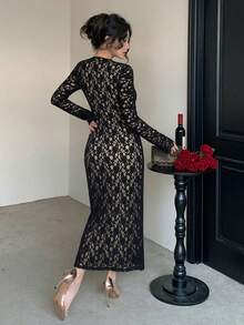 DAZY 黑色蕾丝镂空连衣裙，优雅大方，适合婚礼、派对、宴会、时尚活动等场合。薄纱高开衩修身腰部抽绳系带中长连衣裙，春、夏、秋季皆宜。 - 黑色 - 查看 3