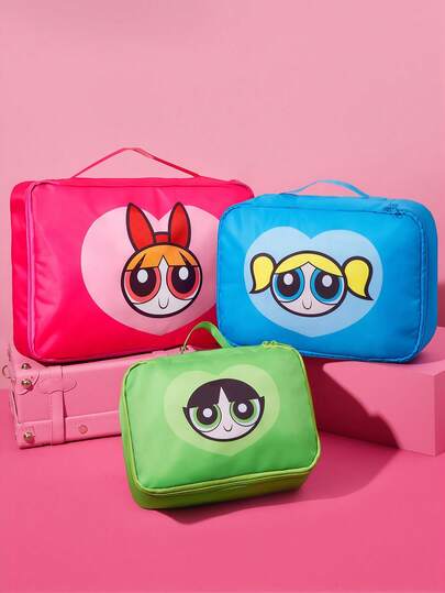 THE POWERPUFF GIRLS X SHEIN 可爱卡通图案印花收纳袋，分类收纳，多种尺寸可选，适用于各种包袋，非常适合短途旅行、长途旅行、日常家庭收纳等场景，男女老少皆宜，学生适用，图案包括友谊、花朵、泡泡、毛毛虫。