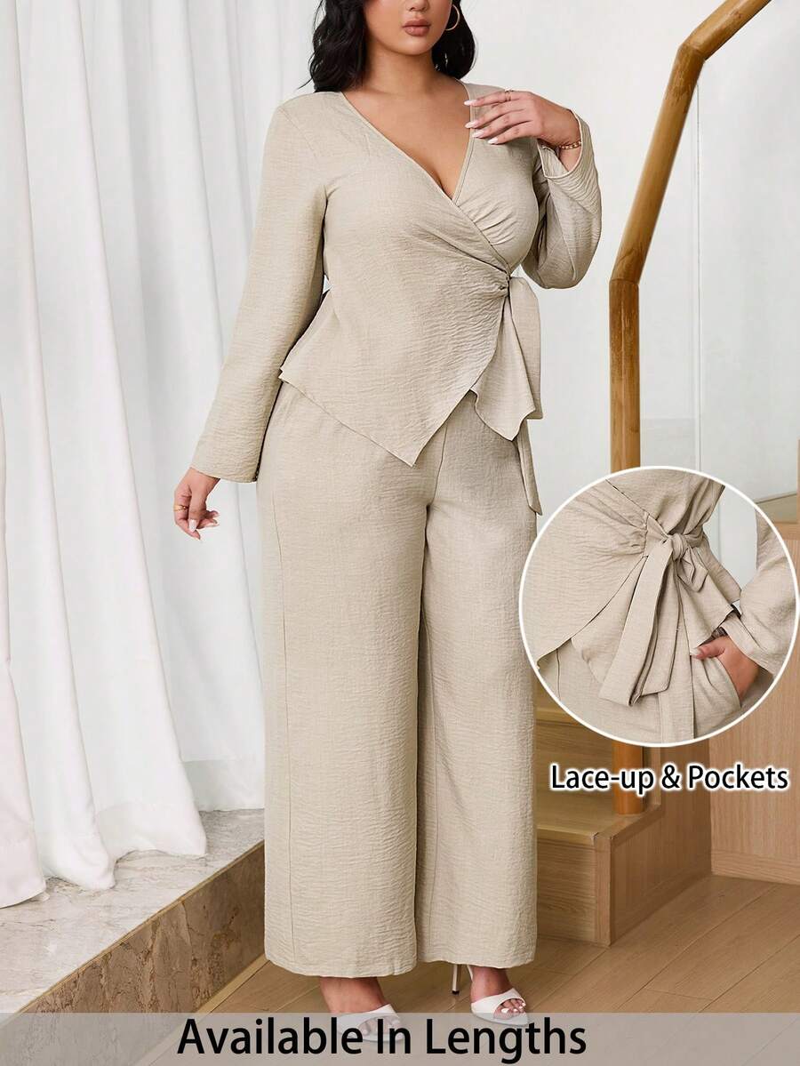 SHEIN Tall CURVE 大码女装春秋季休闲日常工作服简约纯色V领系带裹腰上衣和阔腿裤两件套 - 杏色 - 查看 1