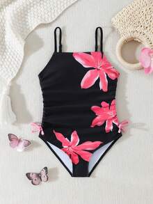 SHEIN 少女款吊带泳衣，花卉印花，抽绳设计，蝴蝶结装饰，可调节肩带，甜美优雅，适合度假、海滩、泳池、冲浪等场合。 - 彩色 - 查看 6
