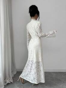 Elenzga Elegant Lace Long Sleeve Dress, Light Yellow, Suitable For All Seasons - Cream - View 2