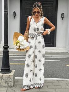 Pariaura 2pcs Women's Minimalist French Style Printed Blouse & Pants Set - Black - View 4