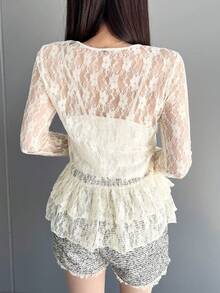 FRIFUL Women's Summer Solid Color Lace Ruffle Sheer Blouse Long Sleeve Tops Women - Beige - View 3