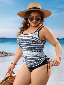 Swim Lushoire Plus Size Women 2pcs Random Print Tankini Swimwear With Tummy Control, Beach Holiday - Multicolor - View 6