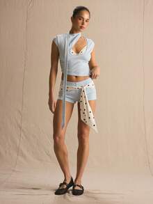 MUSERA Polka Dot Belt Detail Micro Mini Shorts Only Spring Summer Cosy Cute Daily Girly Vacation Spring Outfit Casual Easter Casa De Muse - Blue - View 2