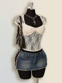 SHEIN ICON Camiseta de noche de cita sexy y versátil con parches de encaje para mujer - Beis - Ver 8