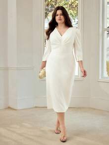 MOTF PREMIUM PLUS SIZE ELEGANT PUFF SLEEVE MIDI DRESS WITH FRONT PLEATS, ROMANTIC WEDDING GUEST DRESS - White - View 4