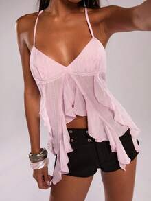 SHEIN BAE Spring/Summer Beach Holiday Casual Pink Chiffon Ruffle Backless Camisole/High-Low Hem Blouse/Summer Top/Party/Beach Vacation/Ibiza/Chiffon Blouse/Casual Top - Pink - View 7