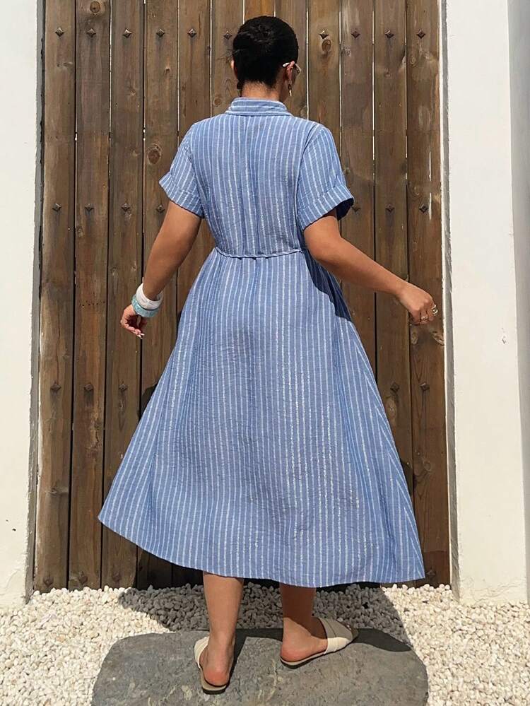 Dazy Plus Plus Size Women's Casual Striped Lapel Short Sleeve Belted Shirt Dress, Loose Fit Long Dress For Spring & Summer Sundress
