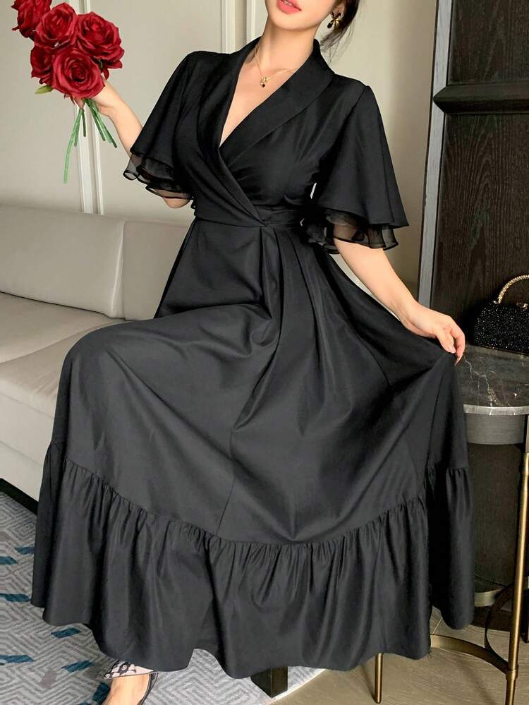 Women's Summer Short Sleeve Ruffle Patchwork Waist Dress With Shawl Neck Sundress