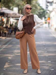 Calvaya 休闲宽松无袖高领针织上衣，纽扣设计，红色，女士，春秋季 - 咖啡棕 - 查看 4