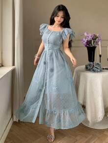 Vestido de tirantes, con volantes, estampado floral diminuto, con cuello de pico, estilo para ir al trabajo, vestido largo - Gris azul - Ver 3