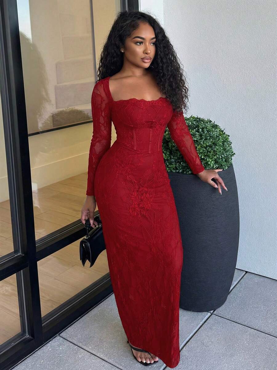 Alexandranx Women's New Autumn/Winter Party Date Night Sexy S-Shaped Lace Long Sleeve Bra Cup Fishbone Square Neck Bodycon Dress, Black,Summer Dresses For Women - Burgundy - View 1