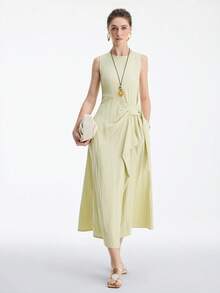 Aalyst Women's Solid Color Round Neck Side Button Design Casual Sleeveless Mid-Length Dress - Pastel Green - View 6