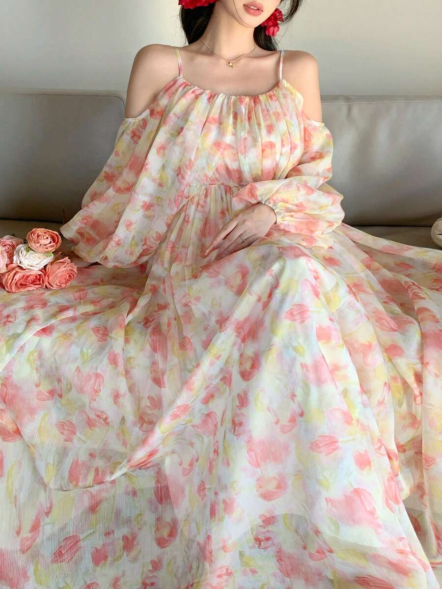 DAZY 女士吊带露肩灯笼袖印花连衣裙，夏季 - 粉色 - 查看 1