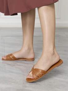 Sleekvia Women Shoes Summer New Cross Strap Square Toe Classic Flat Slippers Casual Beach Wear - Camel - View 5