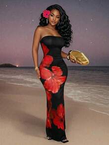 Slaydiva 女士度假连衣裙 碎花连衣裙 春夏新款 音乐节 情人节 休闲简约基础款 Y2K街头甜美网红热销日常约会辣妹风 性感休闲优雅 生日派对 无肩带定位 红色花朵印花 黑色修身长裙 H型长裙 女士长裙 Y2K连衣裙 度假连衣裙 女士碎花长裙 无肩带长裙 - 黑色 - 查看 9