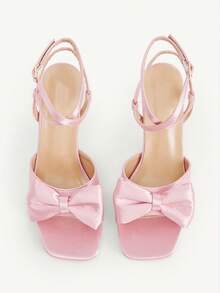 CUCCOO CHICEST Pink Satin Bow High Heel Sandals Strap Strap Square Heel Temperament Banquet Sandals - Pink - View 2