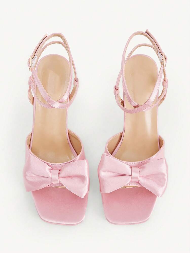 CUCCOO CHICEST Pink Satin Bow High Heel Sandals Strap Strap Square Heel Temperament Banquet Sandals Wedding Shoes Summer Shoes Bride Shoes